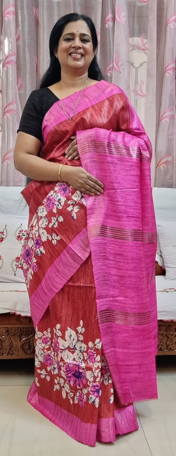 Pure tussar ghicha digital print zari Border saree