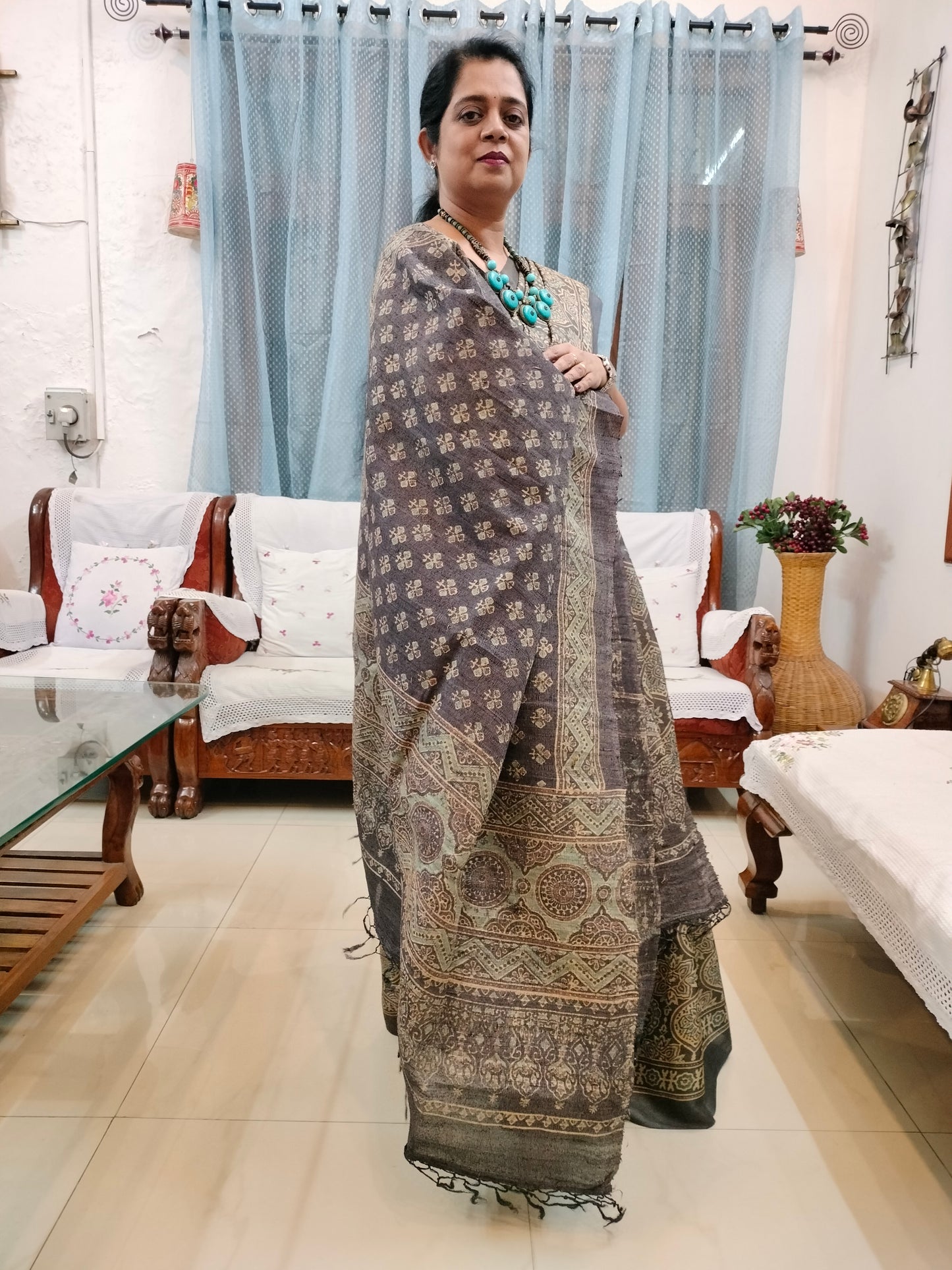 Pure tussar ajarak hand block print saree with silk mark