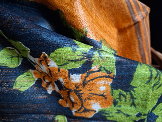 Pure tussar ghicha digital print zari Border saree