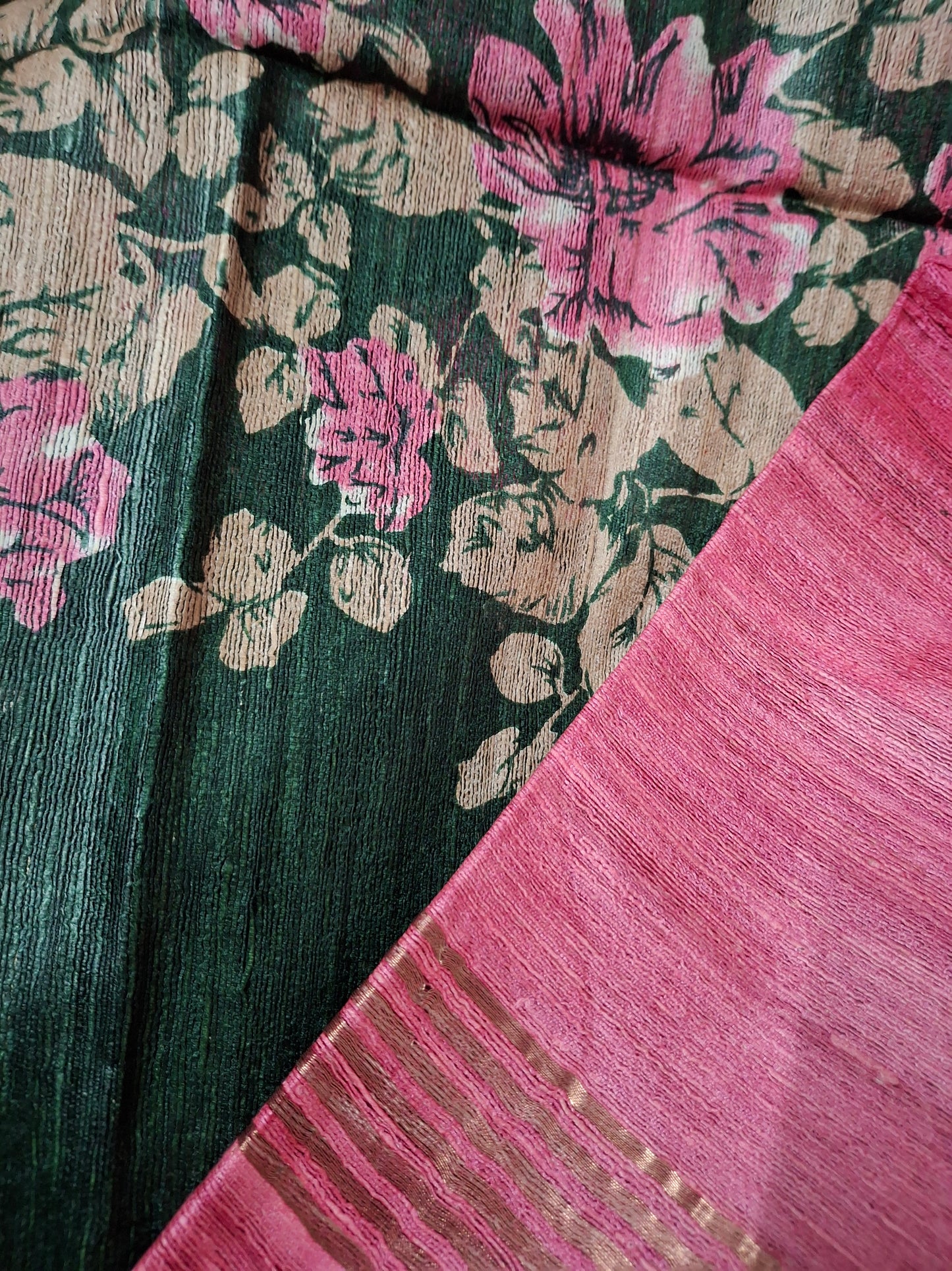 Pure tussar ghicha digital print zari Border saree