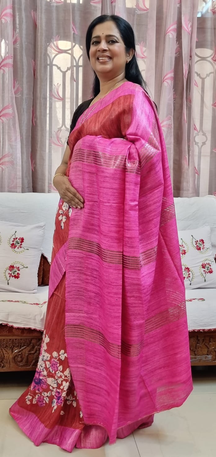 Pure tussar ghicha digital print zari Border saree