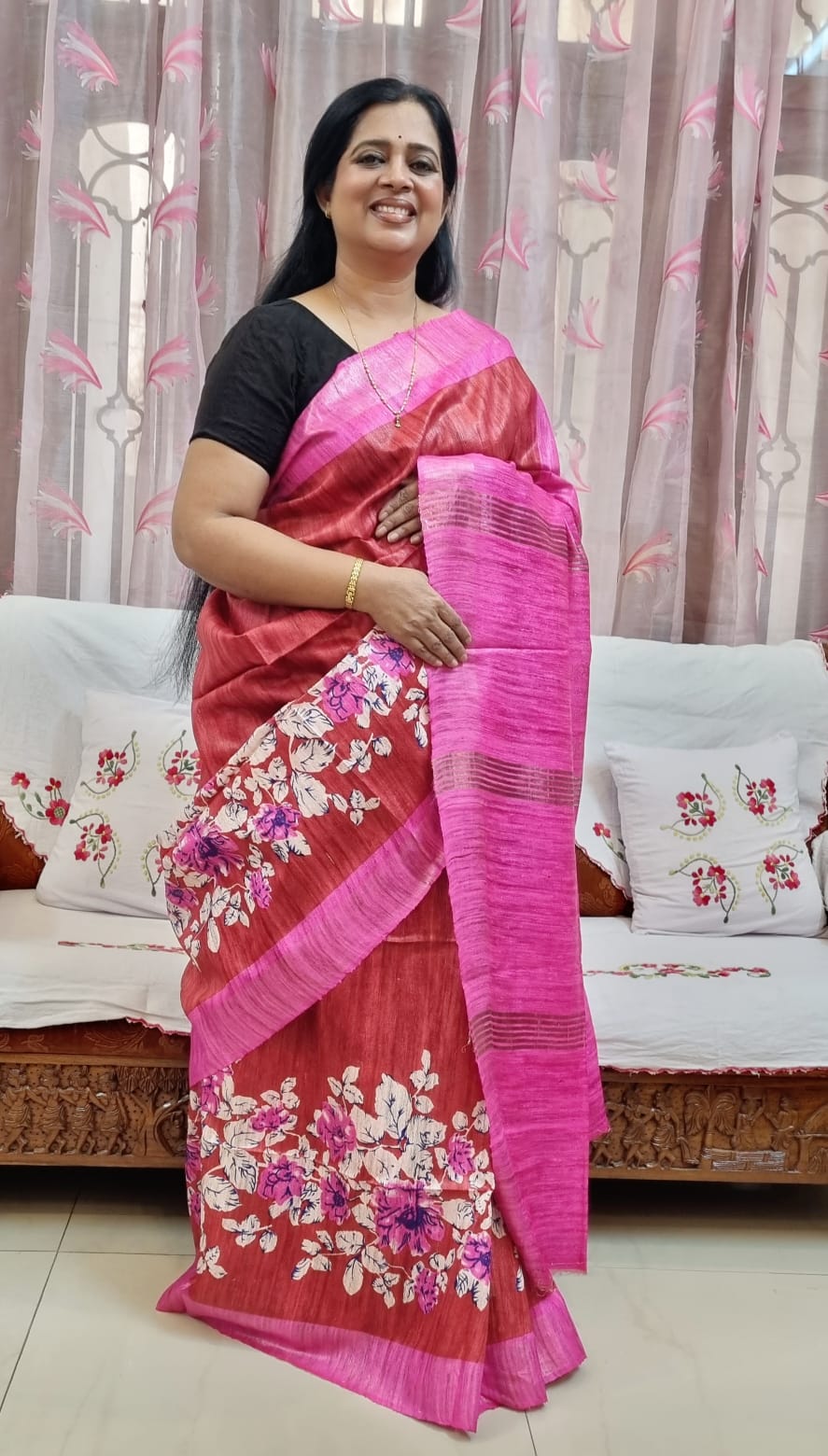 Pure tussar ghicha digital print zari Border saree