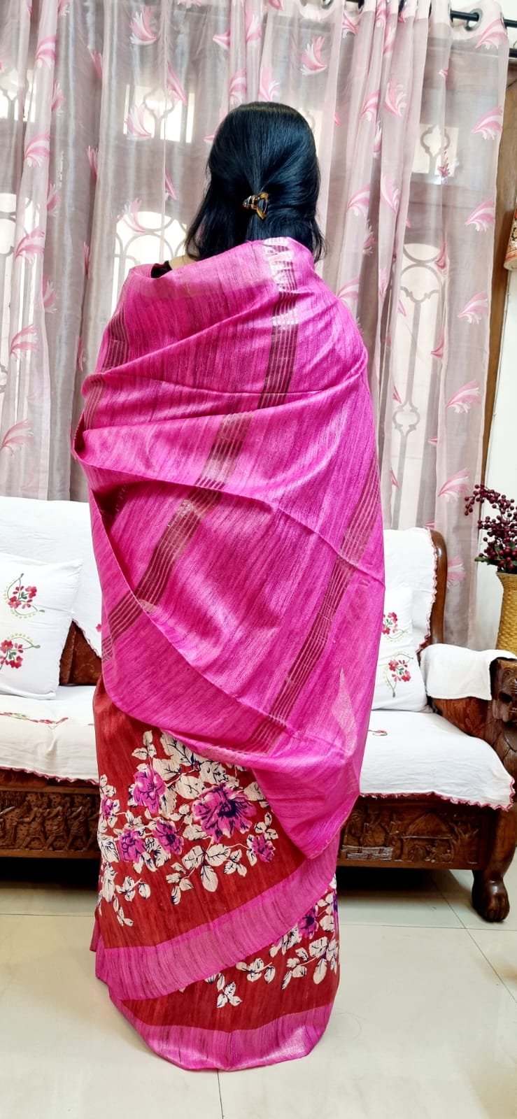 Pure tussar ghicha digital print zari Border saree