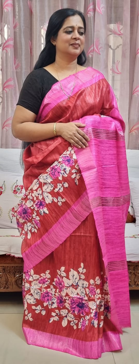 Pure tussar ghicha digital print zari Border saree
