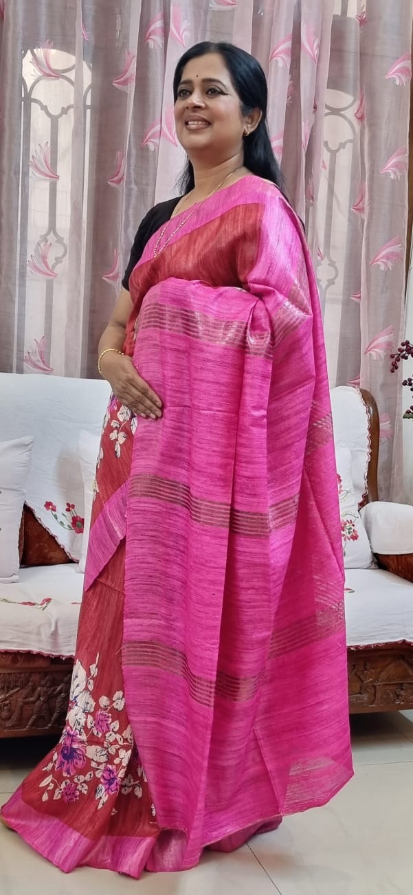Pure tussar ghicha digital print zari Border saree