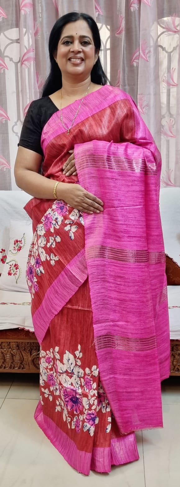 Pure tussar ghicha digital print zari Border saree