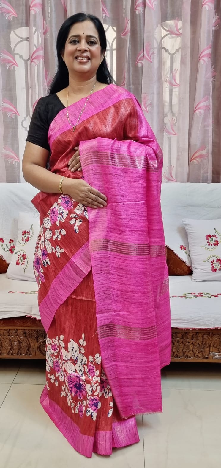 Pure tussar ghicha digital print zari Border saree