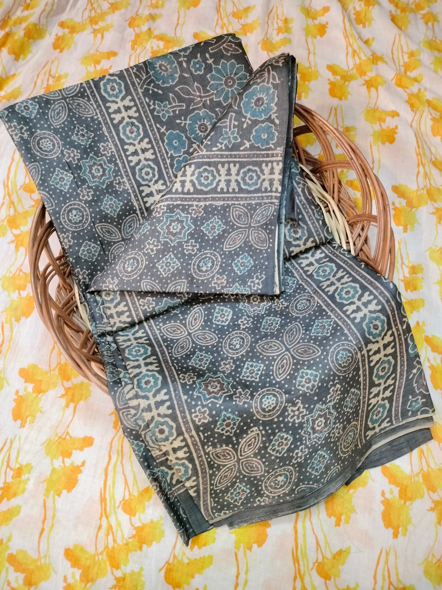 Pure tussar ajarak hand block print saree with silk mark