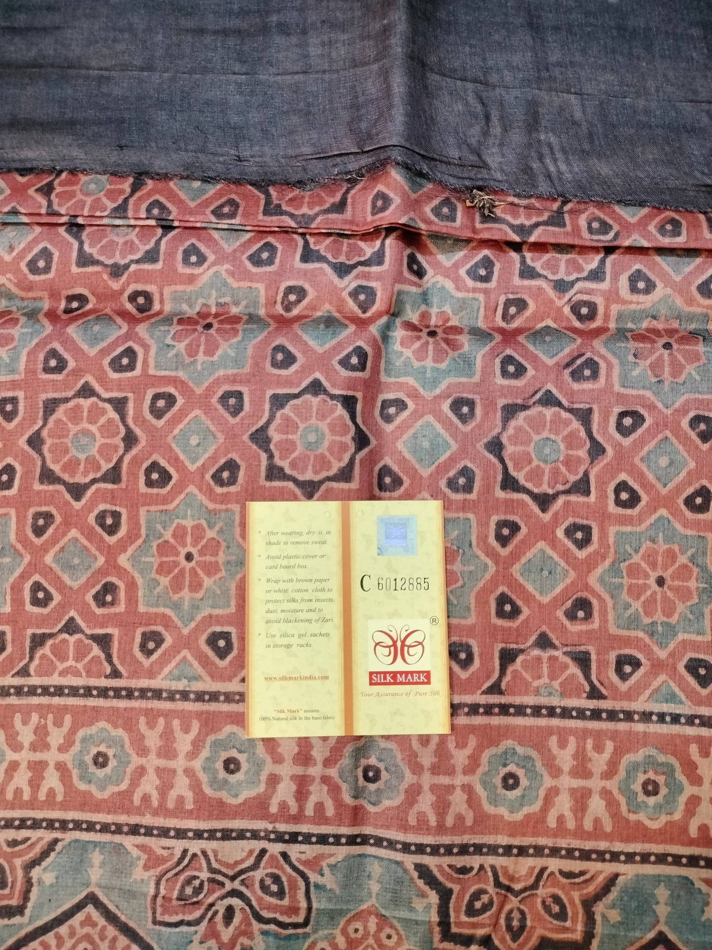 Pure tussar ajarak hand block print saree with silk mark