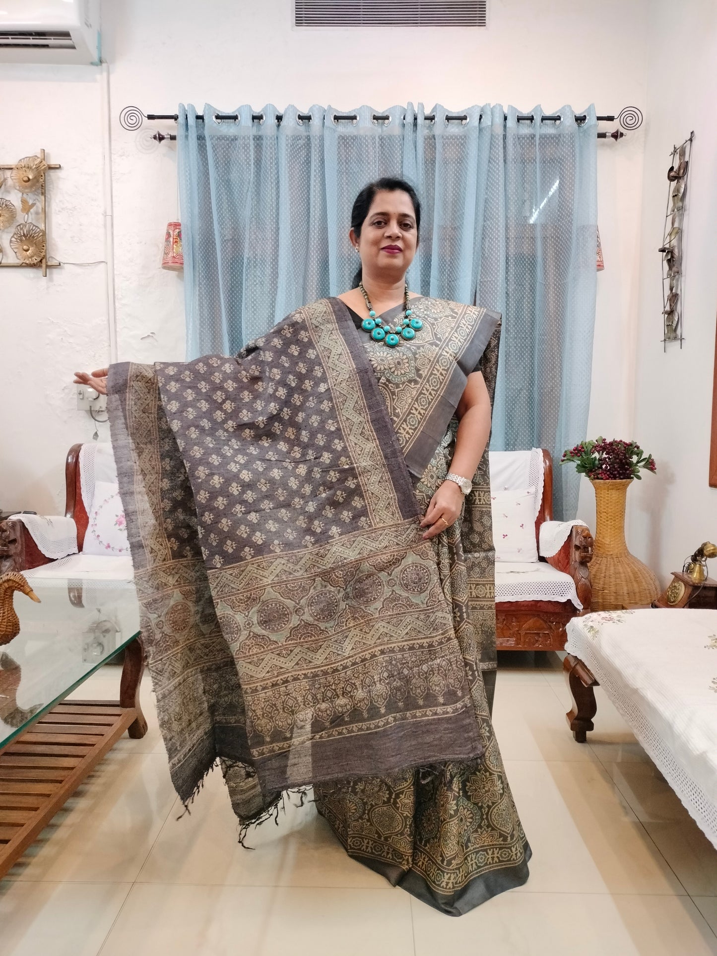 Pure tussar ajarak hand block print saree with silk mark