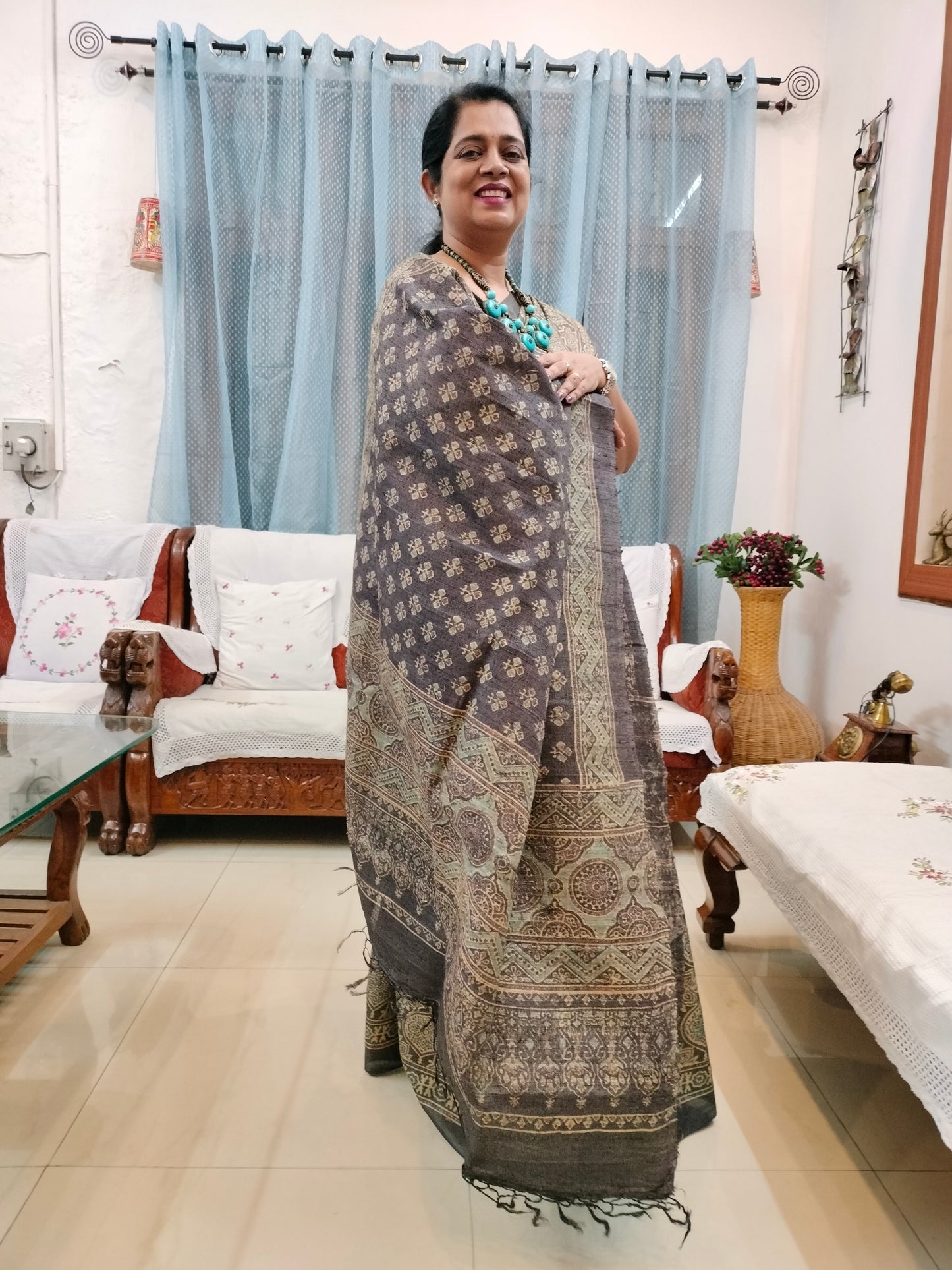 Pure tussar ajarak hand block print saree with silk mark