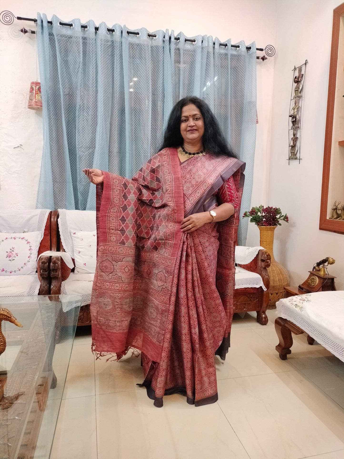 Pure tussar ajarak hand block print saree with silk mark