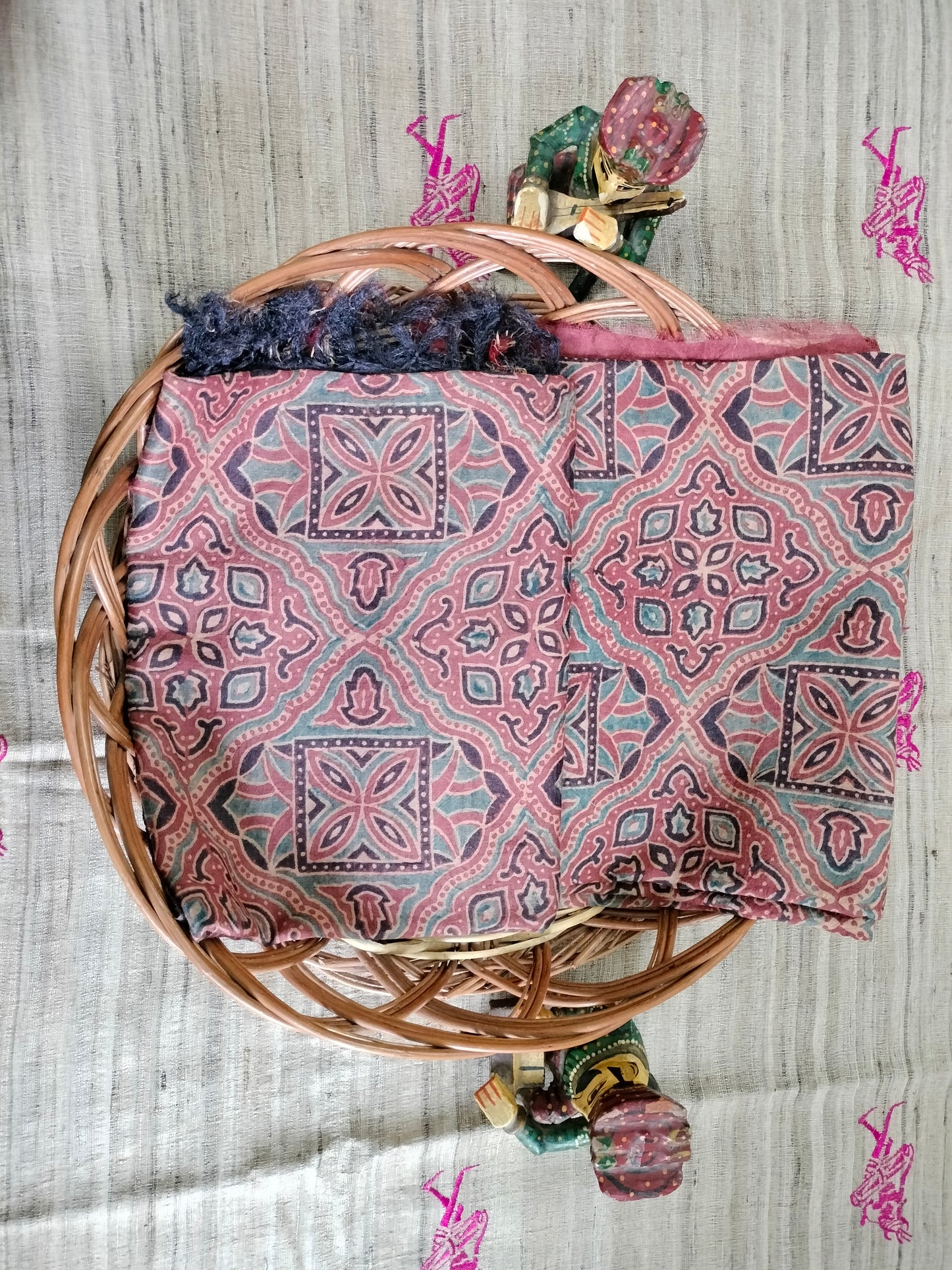 Pure Tussar Ajarak hand block print Kurta and Dupatta 2.5 mt (each)