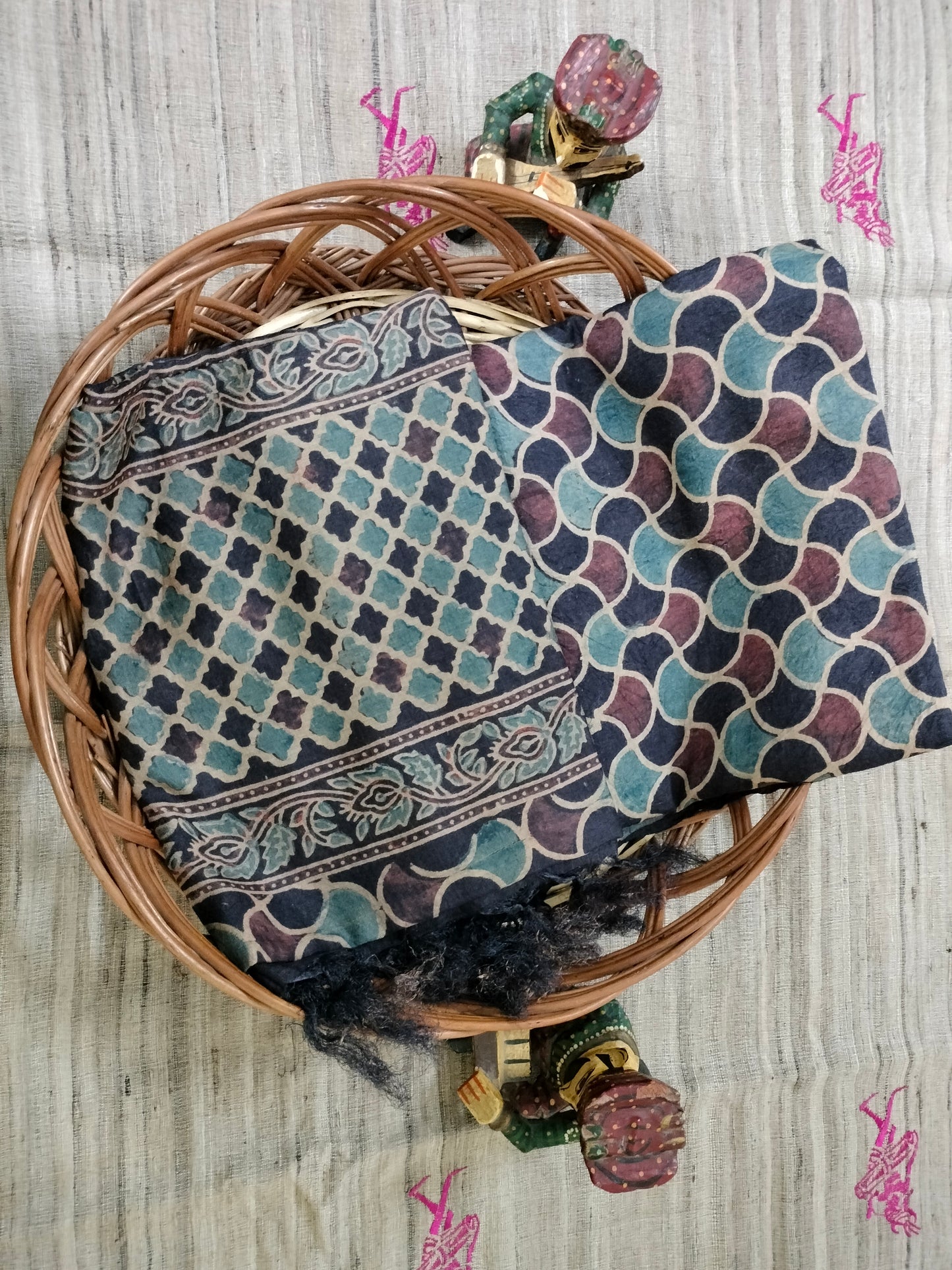 Pure tussar Ajarak hand block print Kurta and Dupatta 2.5 mt (each)