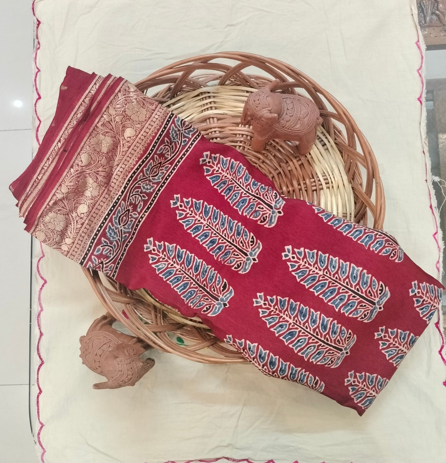 Pure Dola Slik Ajrak Hand Block Print Saree Multicolour