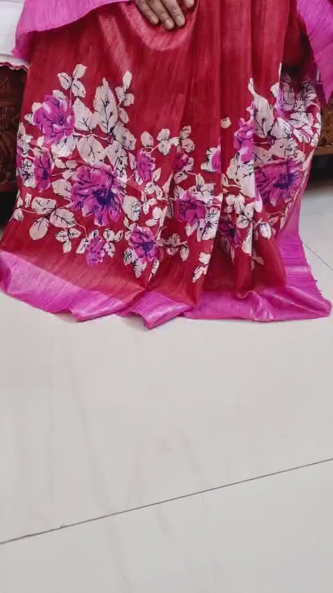 Pure tussar ghicha digital print zari Border saree