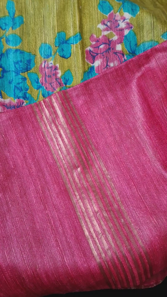 Pure tussar ghicha digital print zari Border saree