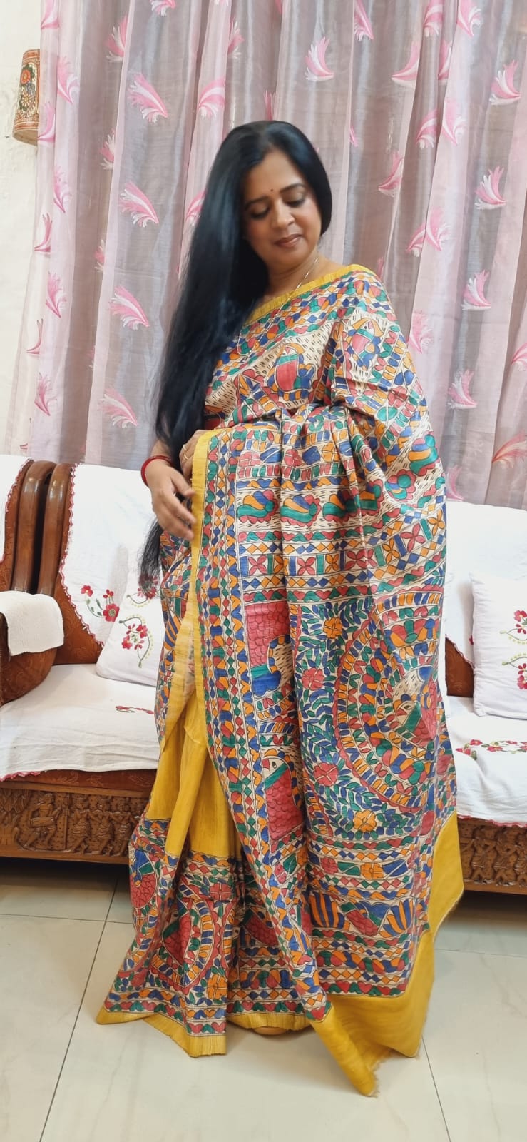 Pure ghicha tussar Madhubani handpainted saree