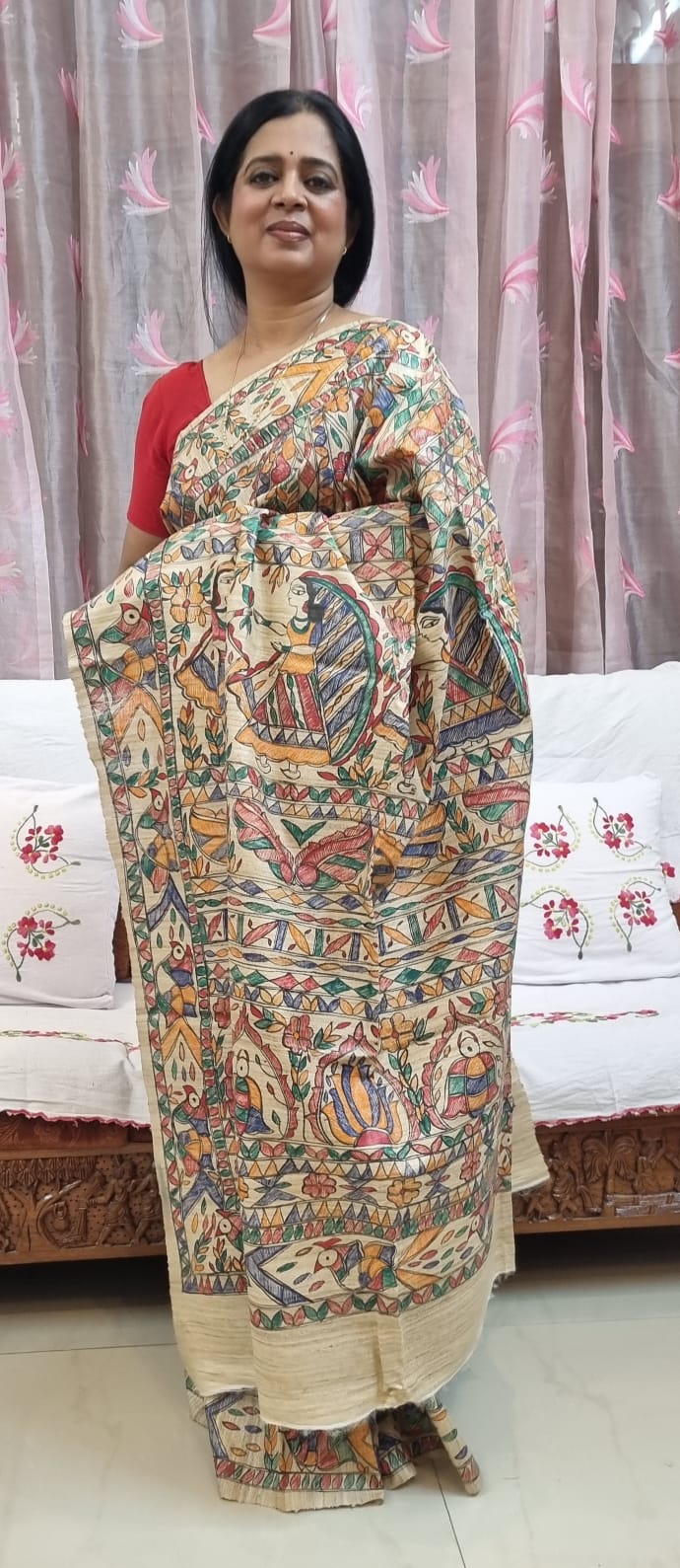 PURE GHICHA TUSSAR MADHUBANI HANDPAINTED SAREE