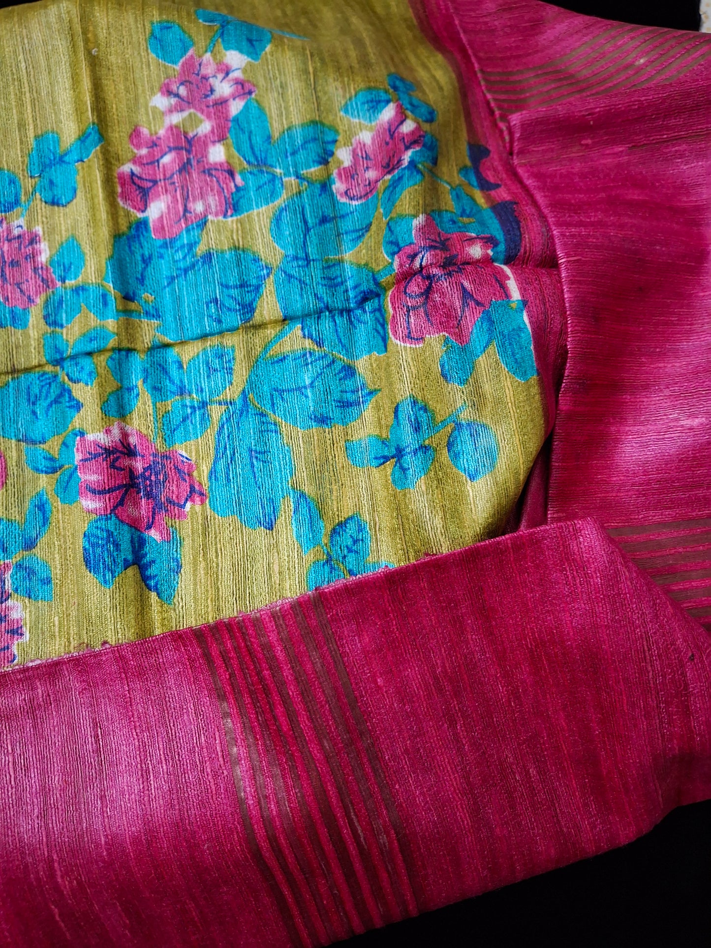 Pure tussar ghicha digital print zari Border saree