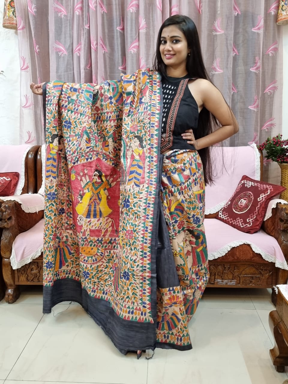 Pure ghicha tussar Madhubani handpainted saree