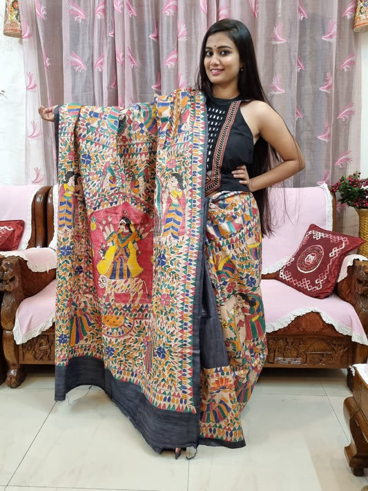 Pure ghicha tussar Madhubani handpainted saree