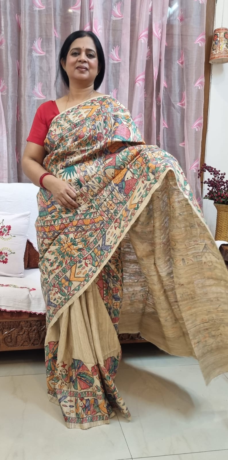 PURE GHICHA TUSSAR MADHUBANI HANDPAINTED SAREE