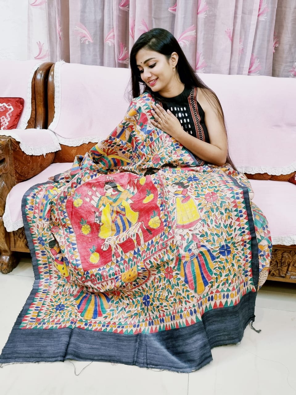 Pure ghicha tussar Madhubani handpainted saree