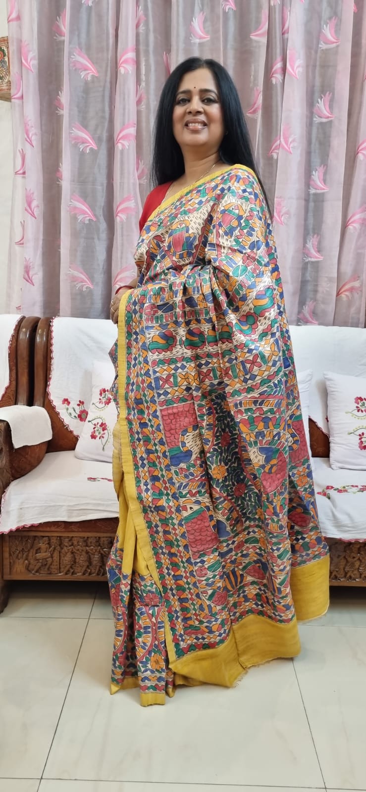 Pure ghicha tussar Madhubani handpainted saree