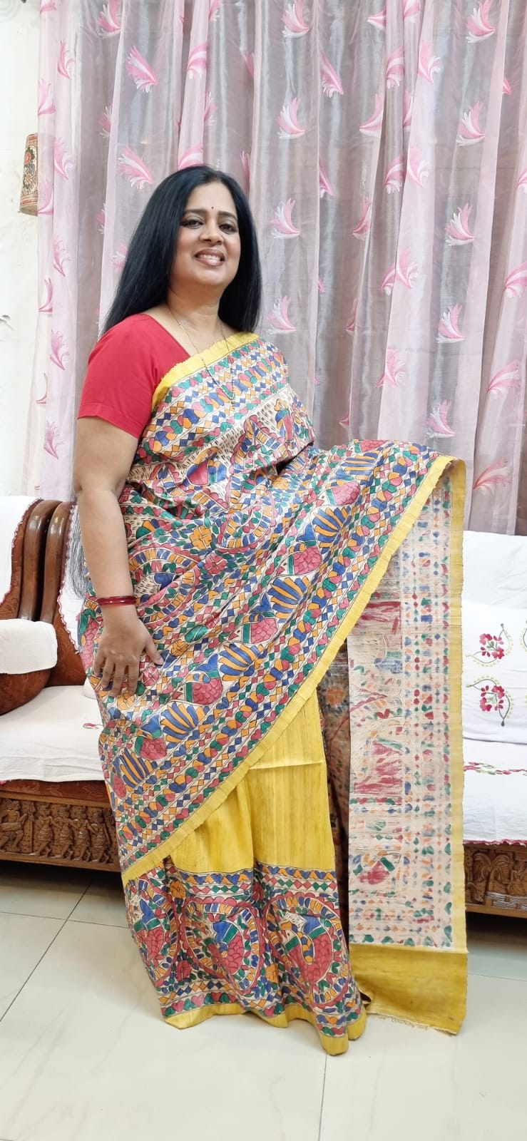 Pure ghicha tussar Madhubani handpainted saree