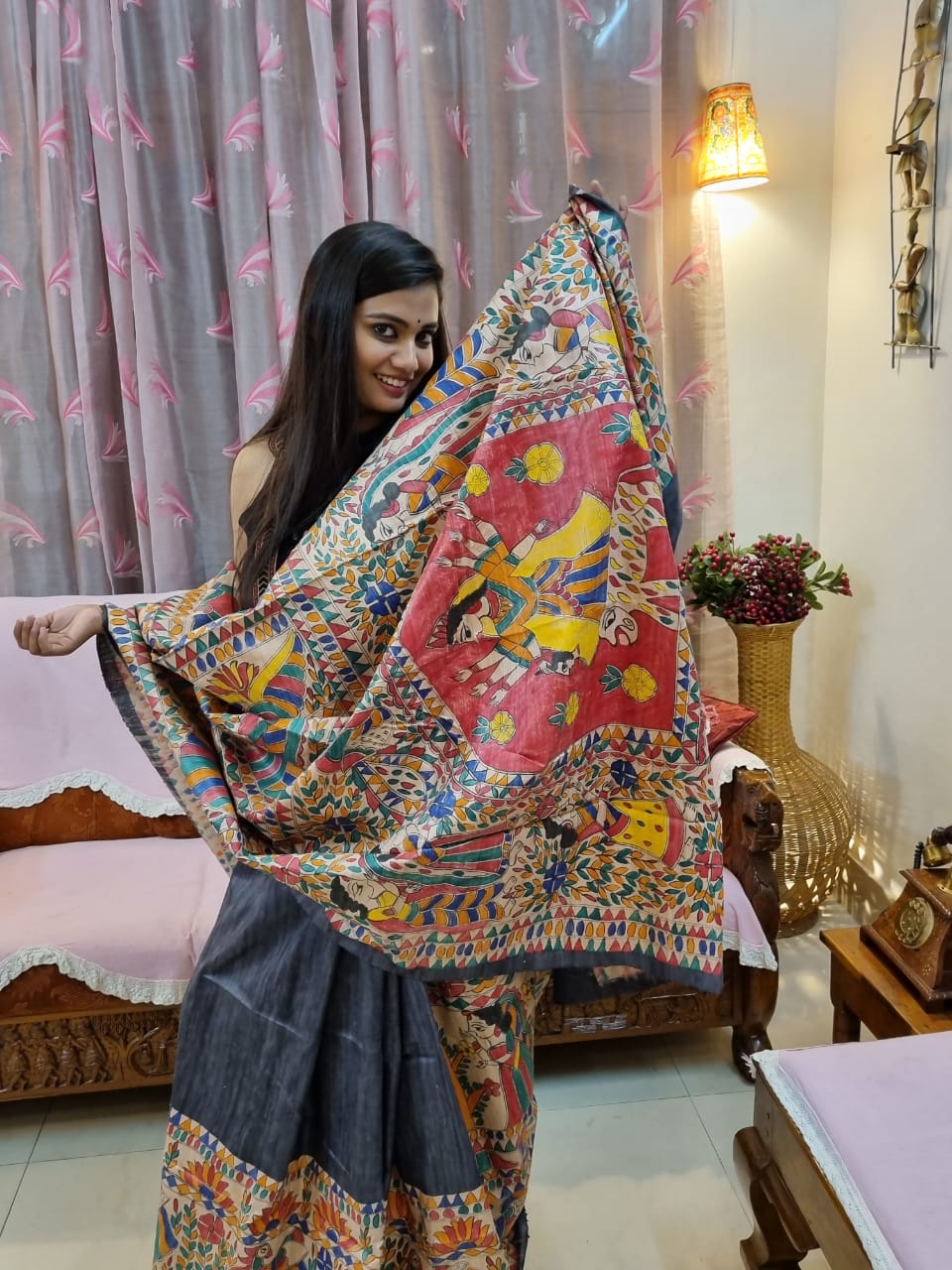 Pure ghicha tussar Madhubani handpainted saree