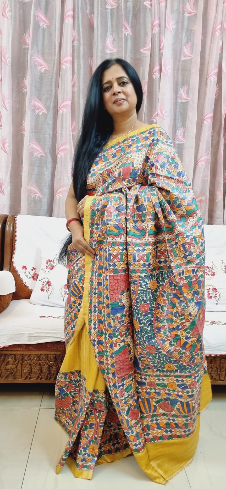 Pure ghicha tussar Madhubani handpainted saree