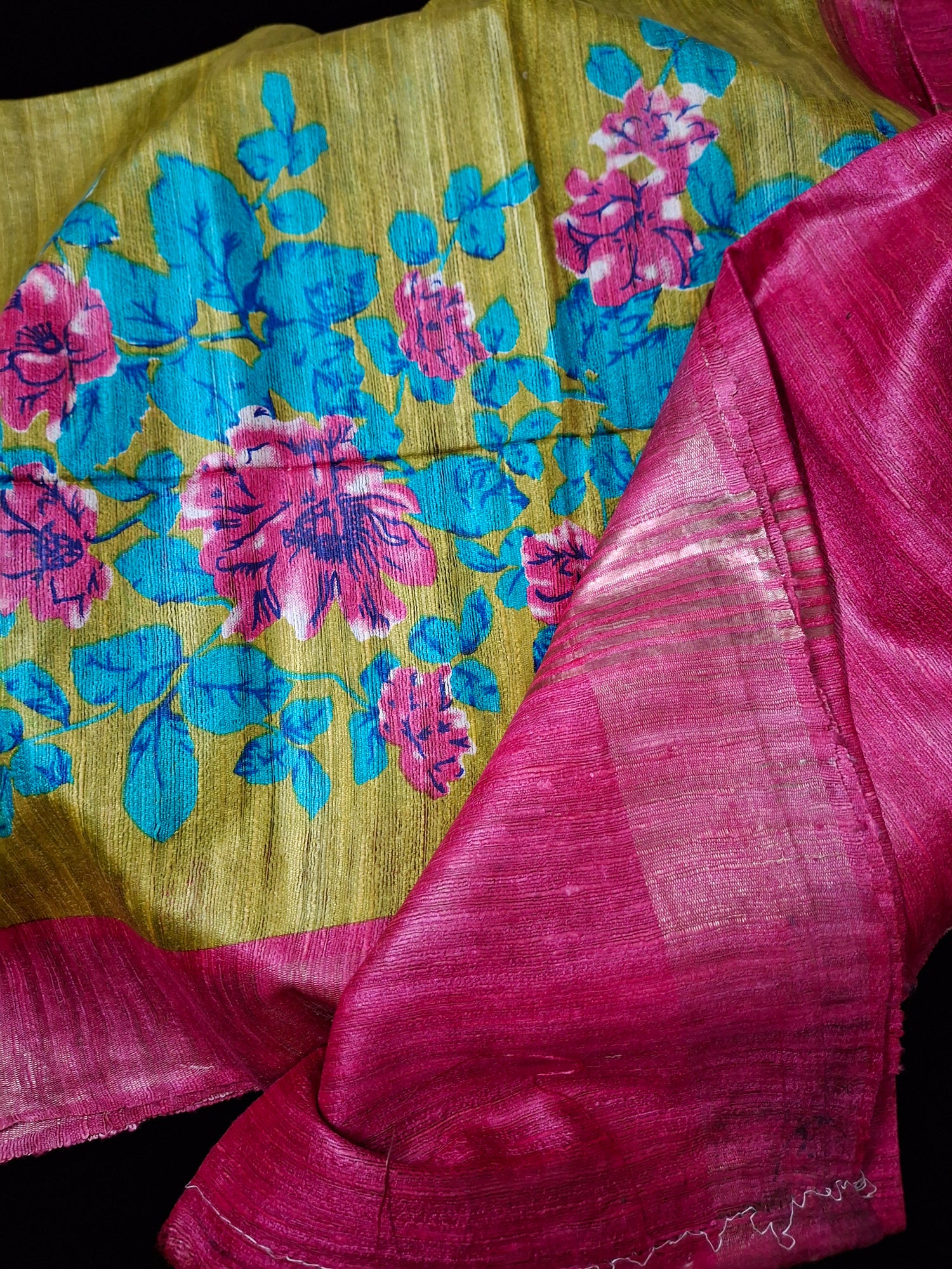 Pure tussar ghicha digital print zari Border saree