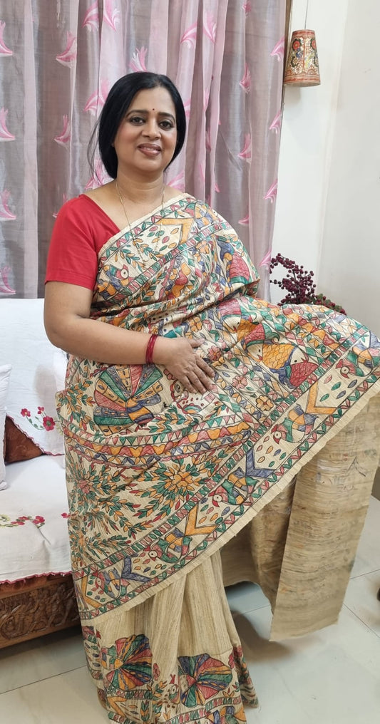 PURE GHICHA TUSSAR MADHUBANI HANDPAINTED SAREE