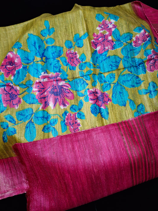 Pure Tussar ghicha digital print zari Border saree
