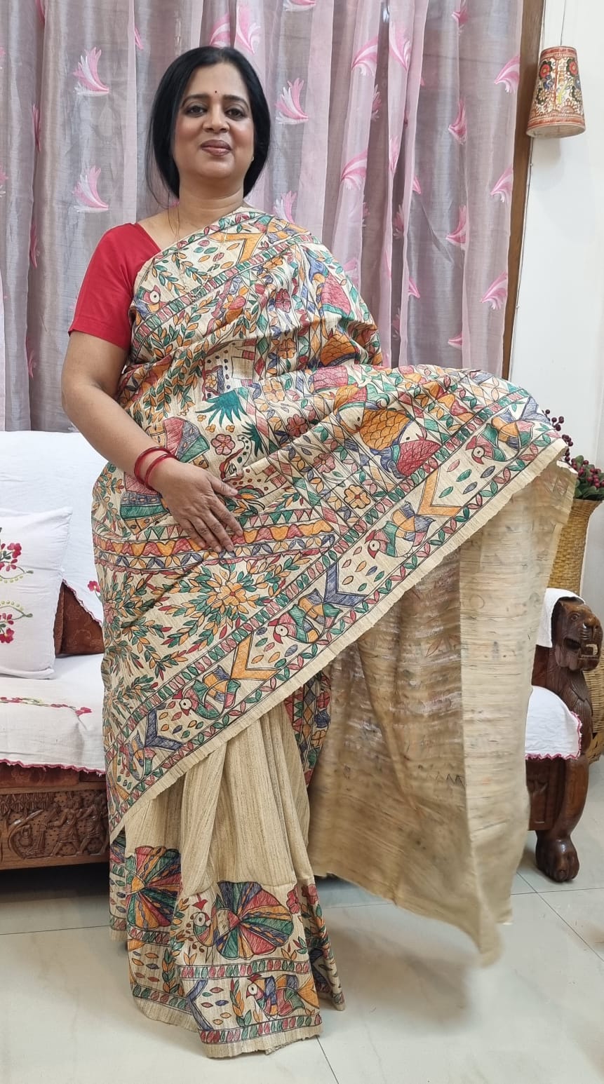 PURE GHICHA TUSSAR MADHUBANI HANDPAINTED SAREE