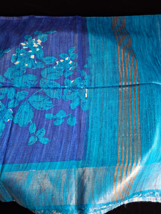 Pure tussar ghicha digital print zari Border saree