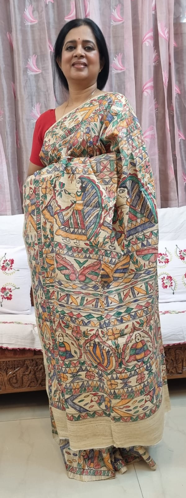 PURE GHICHA TUSSAR MADHUBANI HANDPAINTED SAREE