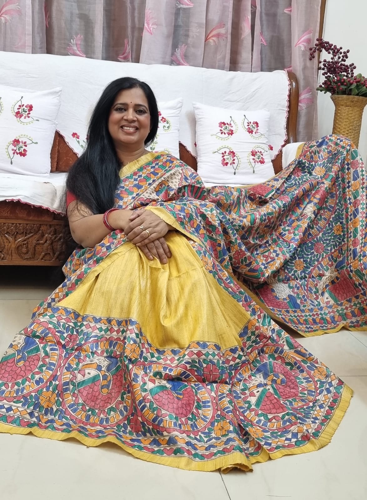 Pure ghicha tussar Madhubani handpainted saree