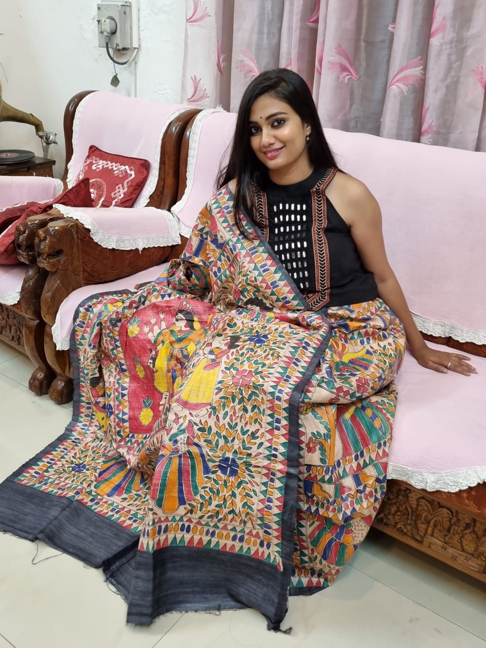 Pure ghicha tussar Madhubani handpainted saree