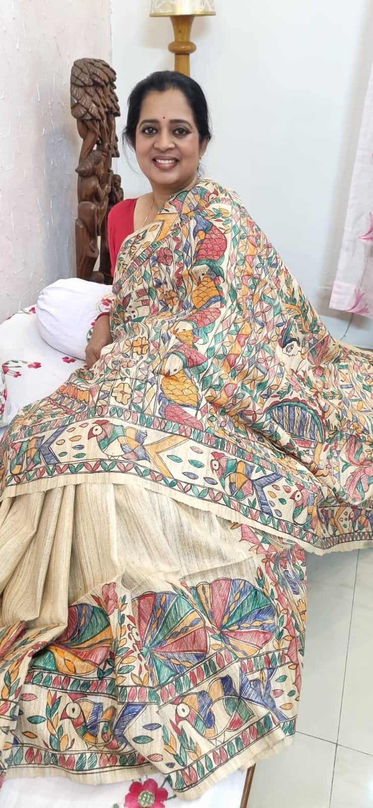 PURE GHICHA TUSSAR MADHUBANI HANDPAINTED SAREE