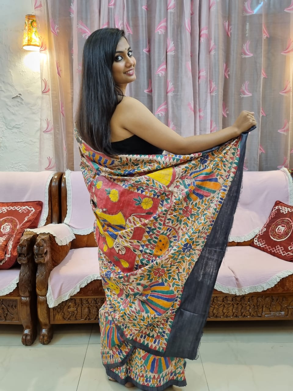 Pure ghicha tussar Madhubani handpainted saree