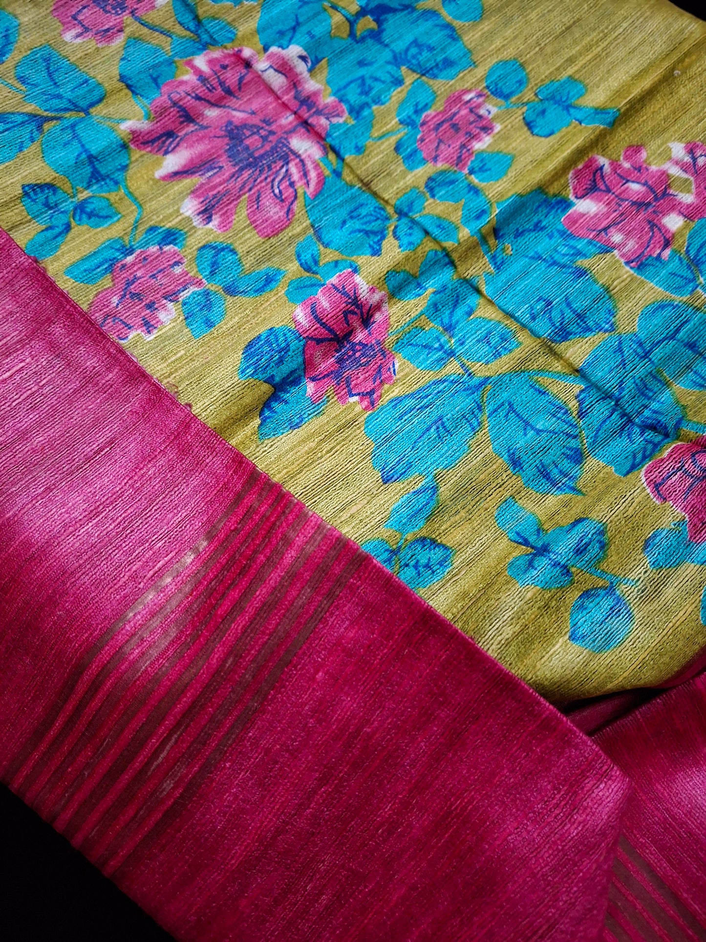 Pure tussar ghicha digital print zari Border saree