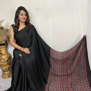 Pure Modal silk Ajrak Hand Block Print Sare with Silk Mark