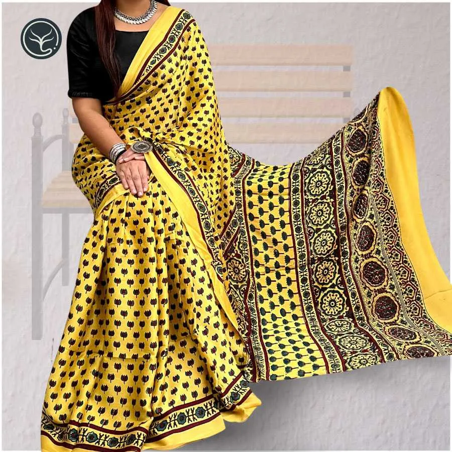 Pure Modal silk Ajrak Hand Block Print Sare with Silk Mark